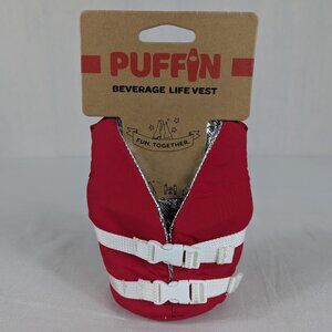 Puffin Beverage Life Vest Red Koozie Coozie Beer Jacket Boat Summer Pool Cooler